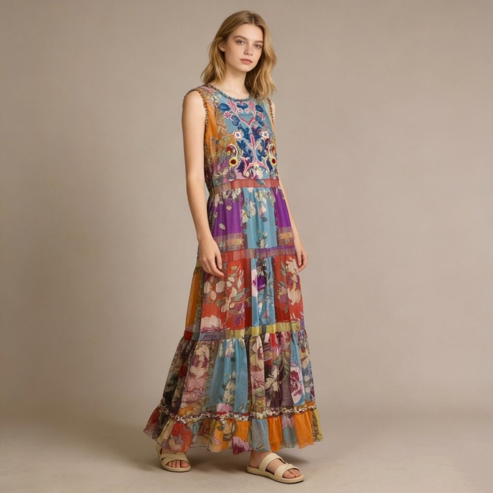 $648 NWOT Johnny Was Zoie Mesh Embroidered Floral Ruffles Tiered Maxi Dress S